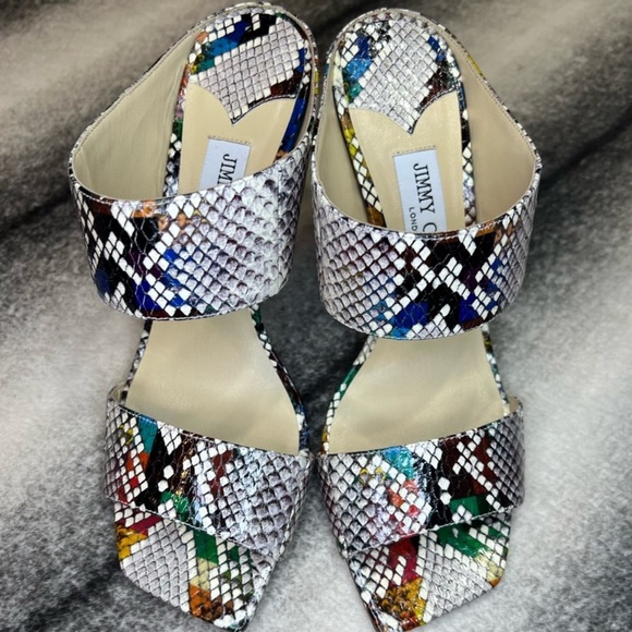 Jimmy Choo Shoes - Jimmy Choo Hira 85 Multi Mix Glossy Rainbow Elaphe Snakeskin Mule Heels Sandals
